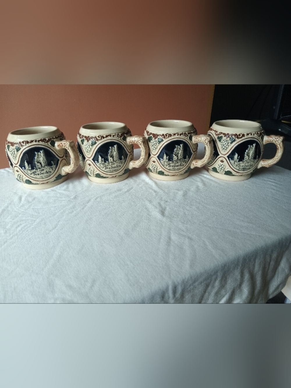 Set Of 4 Vintage German Stoneware Beer Stein Mugs in Cream & Navy - Picture 5 of 7